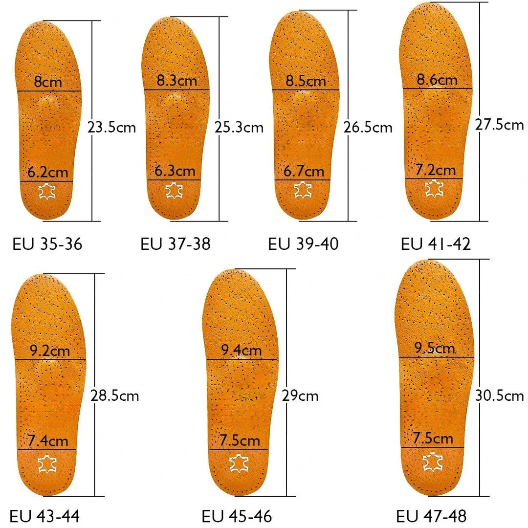 Premium orthopaedic leather insoles with 3D design for superior arch support and foot comfort