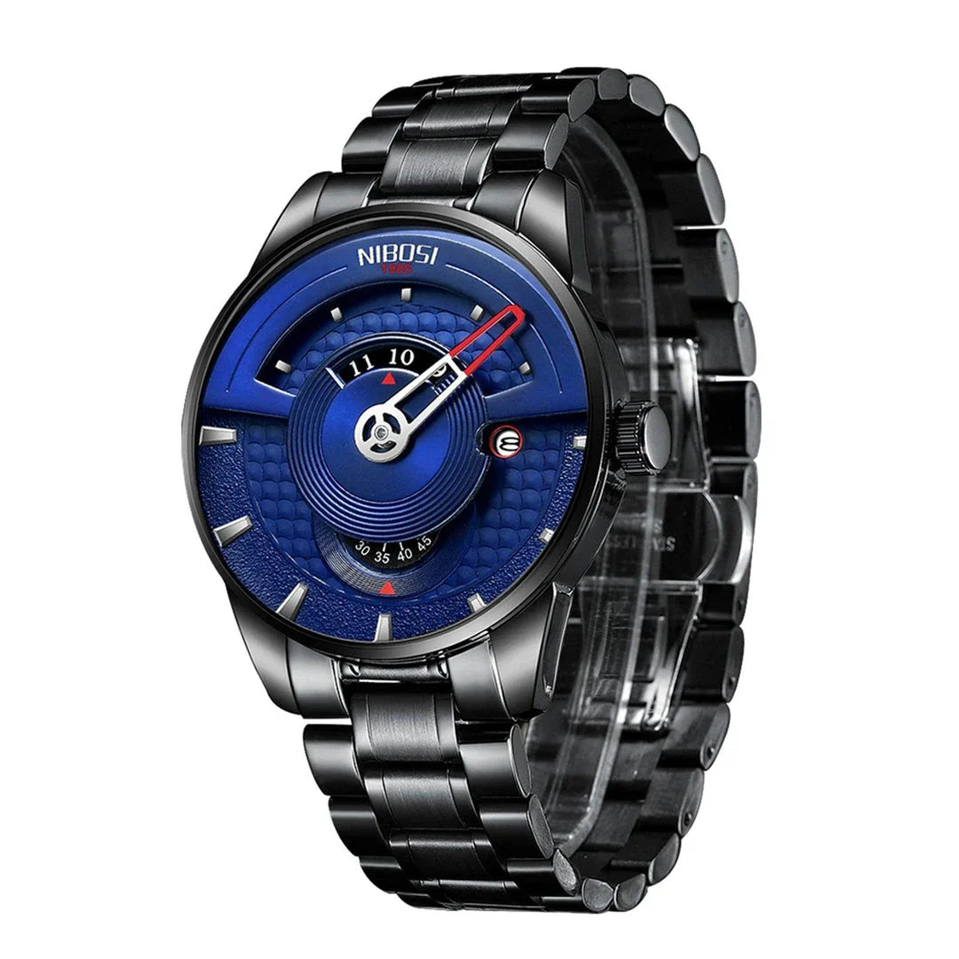 Premium gold-black quartz waterproof watch with alloy case and solid steel strap