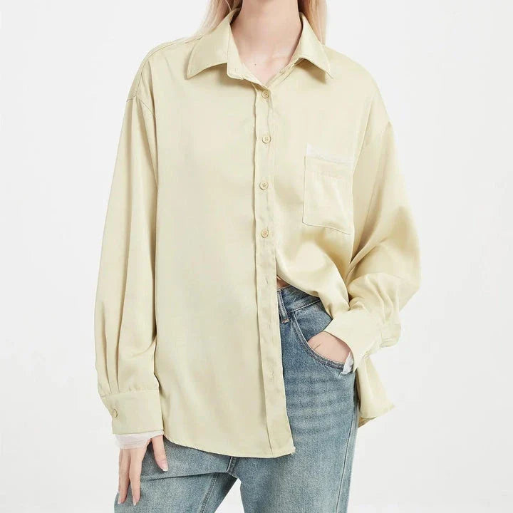 Elegant satin silk long sleeve blouse in black, white, and yellow colours