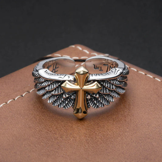 Men's sterling silver vintage cross wings ring with adjustable sizing