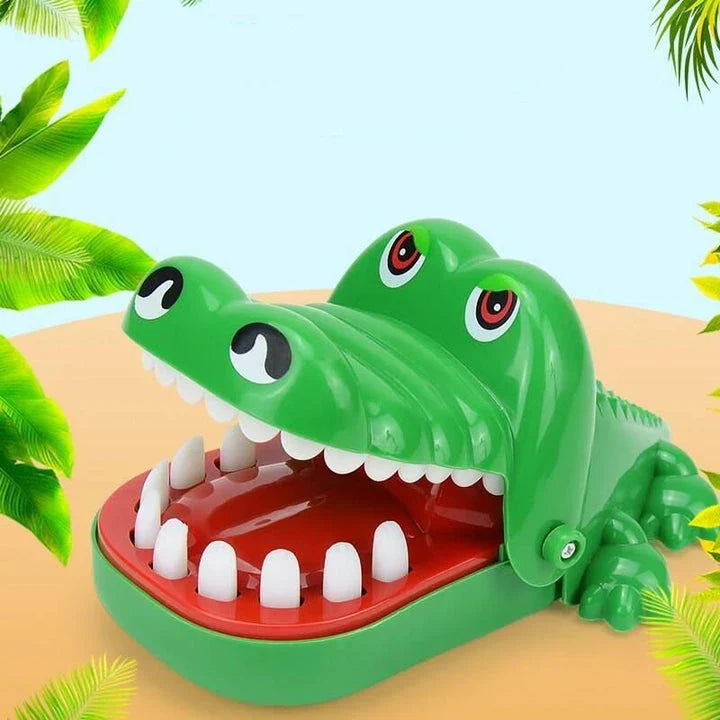 Whimsical green crocodile dentist game with bulging eyes and teeth, perfect for family fun and children's parties