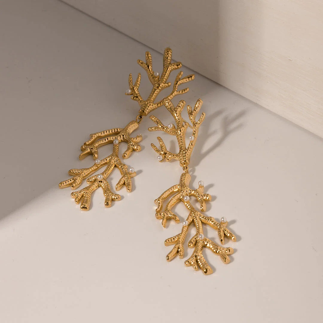 Elegant 18K gold plated coral pearl pendant earrings with a secure stud closure and a tarnish-proof finish