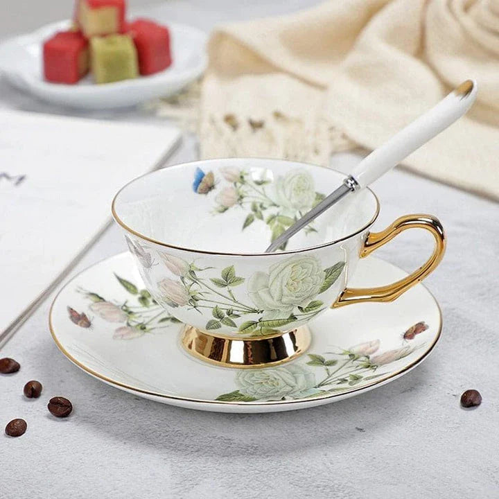 Charming floral porcelain tea set with cup, saucer, and spoon in a variety of delicate colour options