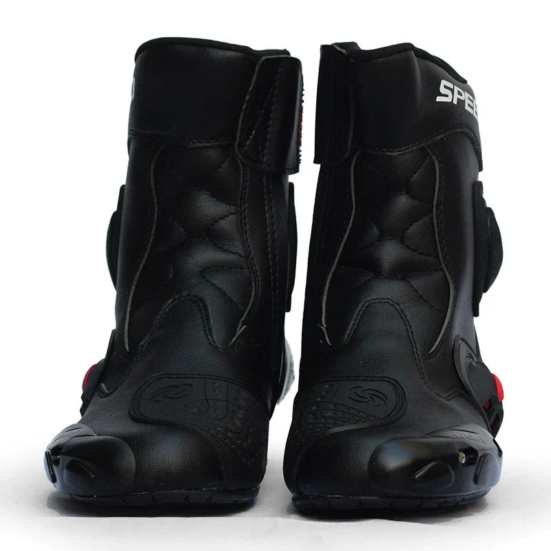 Premium motorcycle riding boots with durable microfiber leather, breathable mesh lining, and reinforced toe and heel for enhanced impact protection
