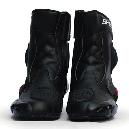 Premium motorcycle riding boots with durable microfiber leather, breathable mesh lining, and reinforced toe and heel for enhanced impact protection