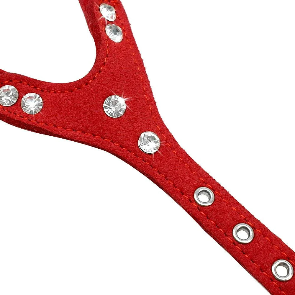 Luxurious leather dog harness with shimmering rhinestone accents, designed for style and comfort