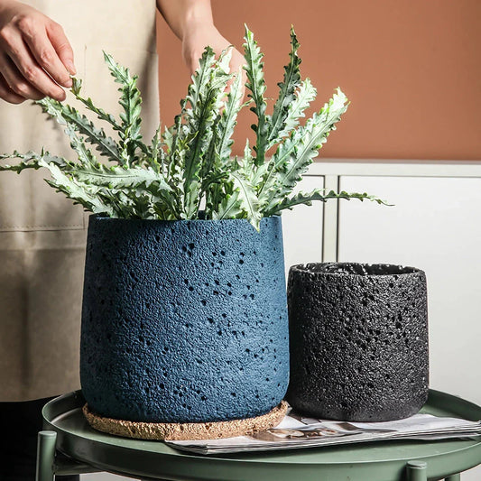 A modern, perforated cement bonsai planter in a Nordic-inspired design, available in various sizes and colours.