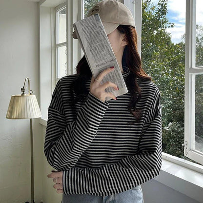 Premium half-high neck striped long-sleeve t-shirt in grey and black, made with high-quality British cotton for ultimate comfort and style.
