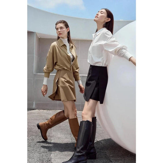 Autumn/Winter High Waist Casual Shorts Skirt in Coffee colour, featuring a flattering A-line silhouette and chic tiered zipper detail