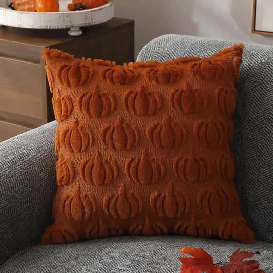 Cosy autumn pumpkin cushion cover made from luxurious faux fur, featuring a charming farmhouse-inspired design.
