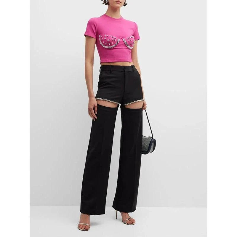 Sophisticated high-waist, wide-leg trousers with spliced diamond detailing for a stylish and comfortable look