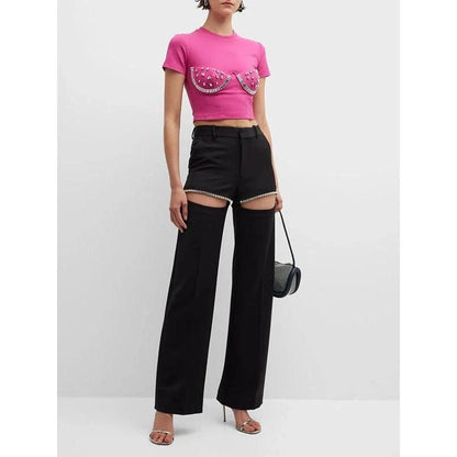 Sophisticated high-waist, wide-leg trousers with spliced diamond detailing for a stylish and comfortable look