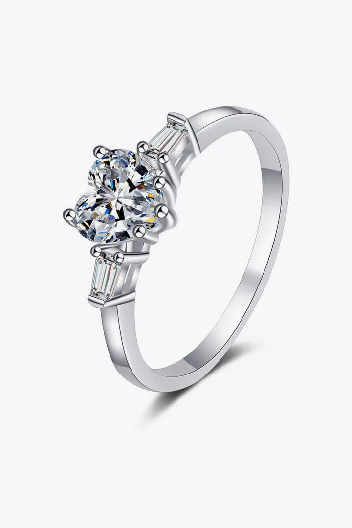 Elegant 1.2-carat moissanite heart-shaped ring in lustrous 925 sterling silver with rhodium plating