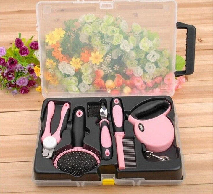 Premium UK pet grooming tool set with nail clippers, slicker brush, steel pin comb, deshedding tool, and retractable leash