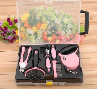 Premium UK pet grooming tool set with nail clippers, slicker brush, steel pin comb, deshedding tool, and retractable leash