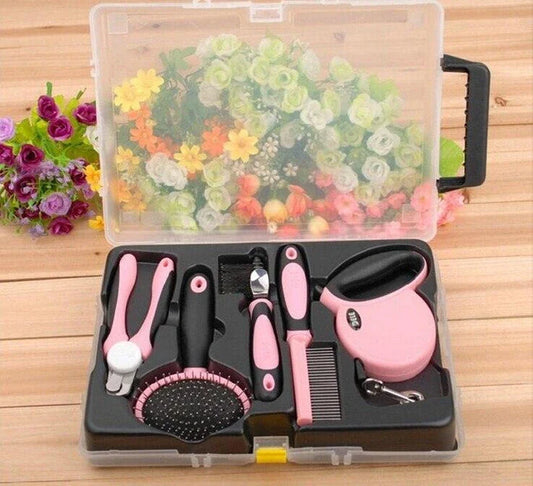 Premium UK pet grooming tool set with nail clippers, slicker brush, steel pin comb, deshedding tool, and retractable leash