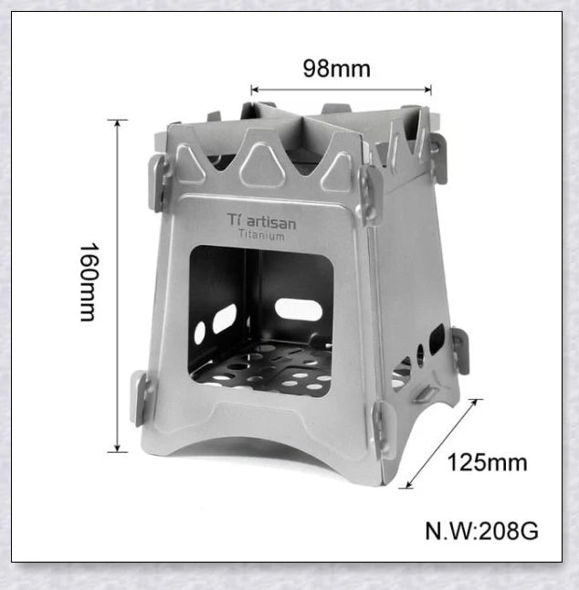 Compact titanium wood-burning camping stove with a folding design and carrying case for easy transport and storage