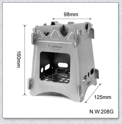 Compact titanium wood-burning camping stove with a folding design and carrying case for easy transport and storage