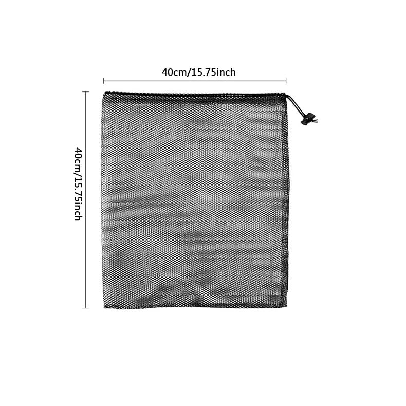 Multipurpose nylon mesh drawstring storage bag in two sizes for organising sports gear, laundry, and more