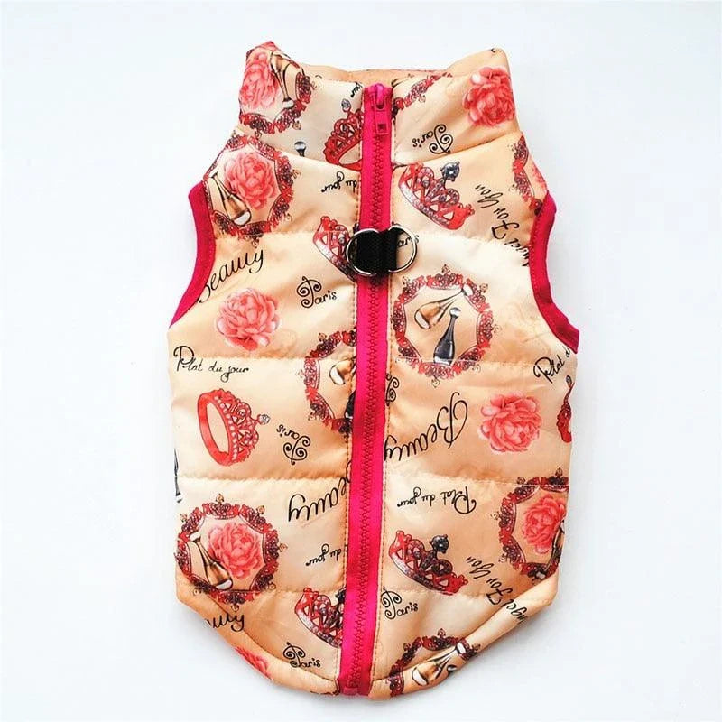 A cosy and stylish winter jacket for pets, featuring vibrant printed patterns and a snug, comfortable fit.
