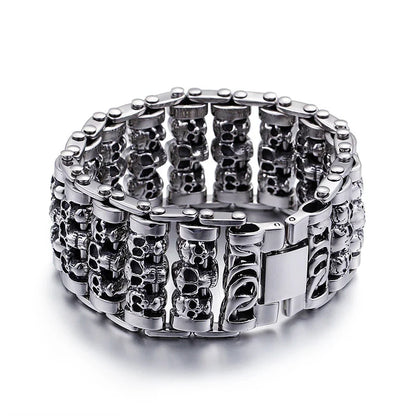 A premium titanium steel skull bracelet, designed for the style-conscious British gentleman with a rebellious spirit.