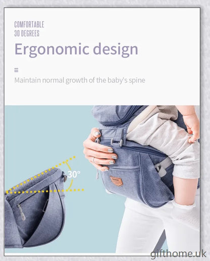 Ergonomic front-facing baby carrier with padded waist strap, lumbar support, and versatile wearing options for comfortable, secure travel with your little one.
