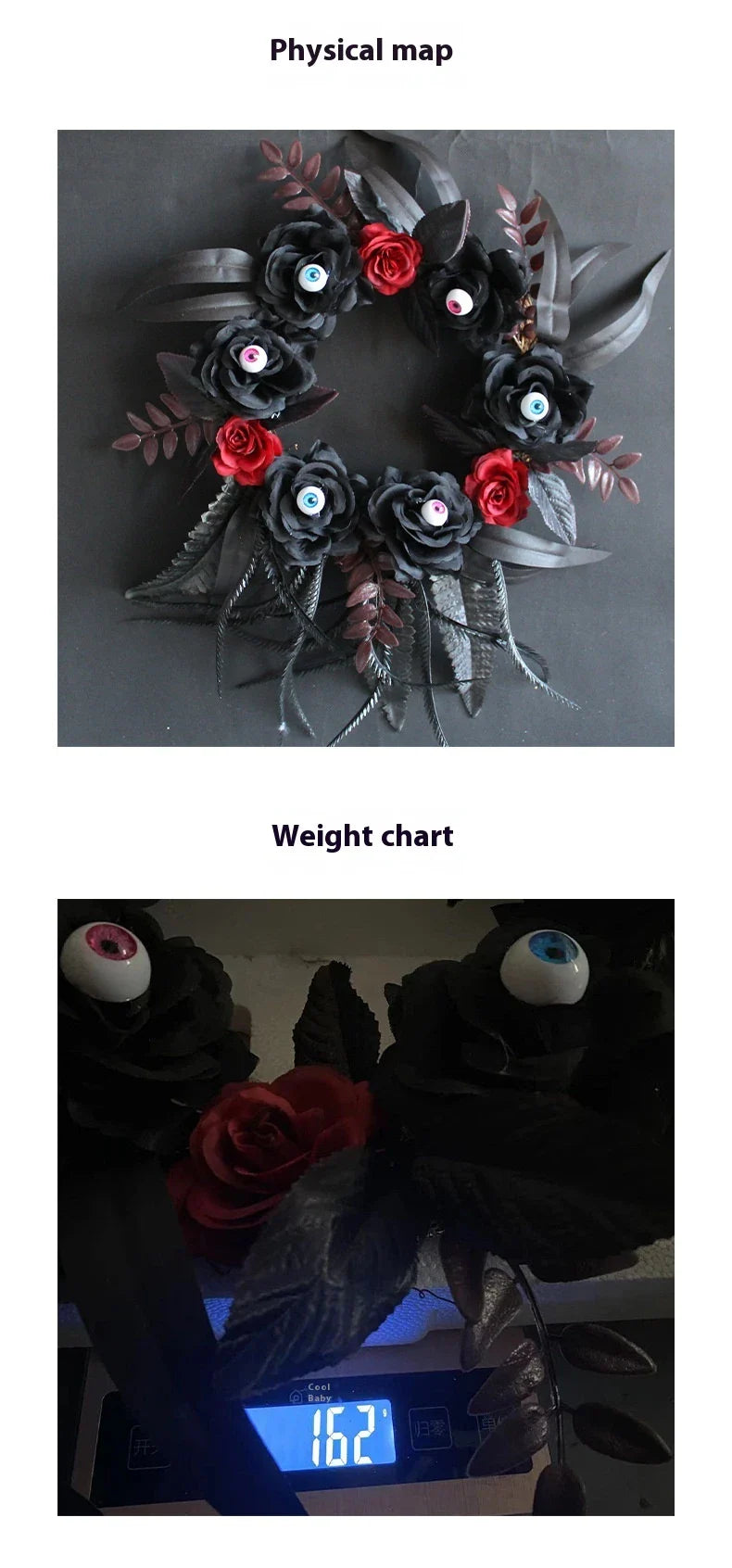 Artificial Halloween rose eyeball garland decoration with lifelike eyeballs and feathery rose blooms