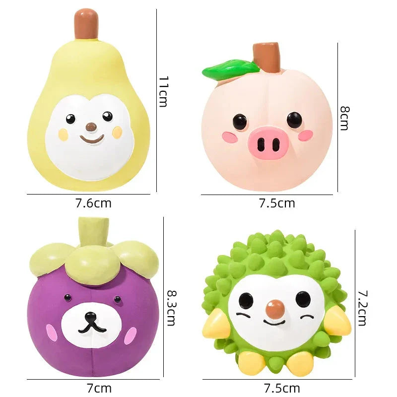 Colourful fruit-shaped squeaky dog toy made of durable, chew-resistant latex material