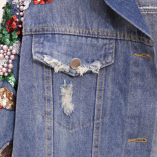 Premium embroidered denim jacket with slimming beaded sequins in a relaxed, flattering fit
