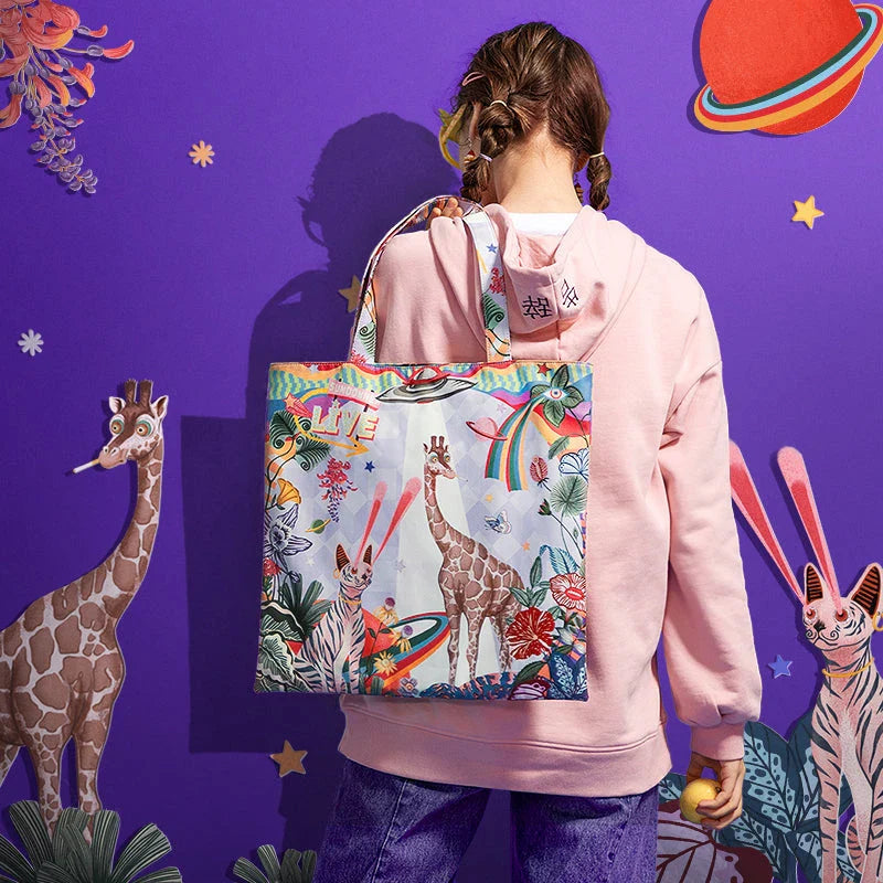 Fashionable casual tote bag with animal print and cartoon designs, made of durable polyester for everyday use