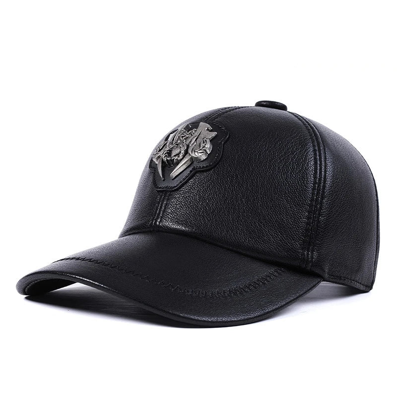 Premium leather peaked cap in black and brown for men and women, featuring an adjustable, breathable, and windproof design for casual wear.