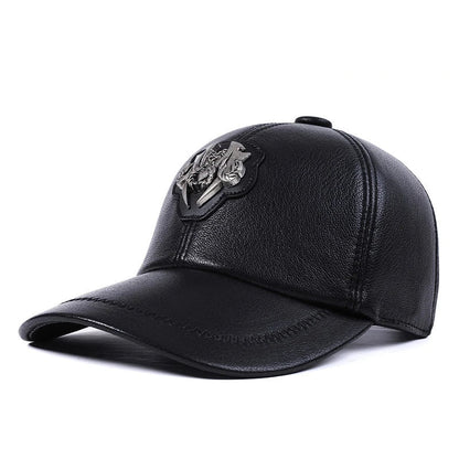 Premium leather peaked cap in black and brown for men and women, featuring an adjustable, breathable, and windproof design for casual wear.