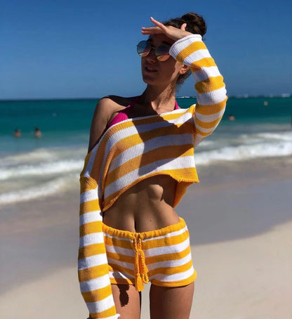 A stylish knitted striped shorts set for fashionable women, featuring a range of chic colour combinations and a relaxed, comfortable design.