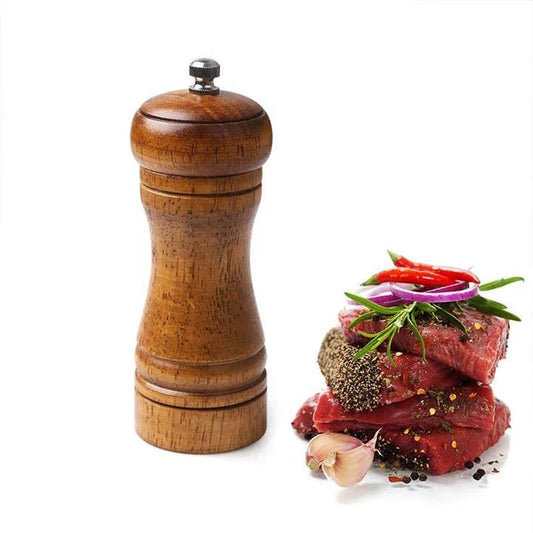 Premium eco-friendly wooden spice grinder with stainless steel accents, designed for consistent spice grinding and sustainable kitchen use.