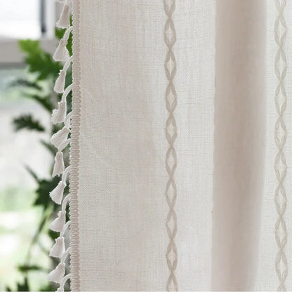 Premium bohemian tassel shower curtain with unique stitching design, waterproof coating, and durable linen blend material for a relaxing bathroom oasis