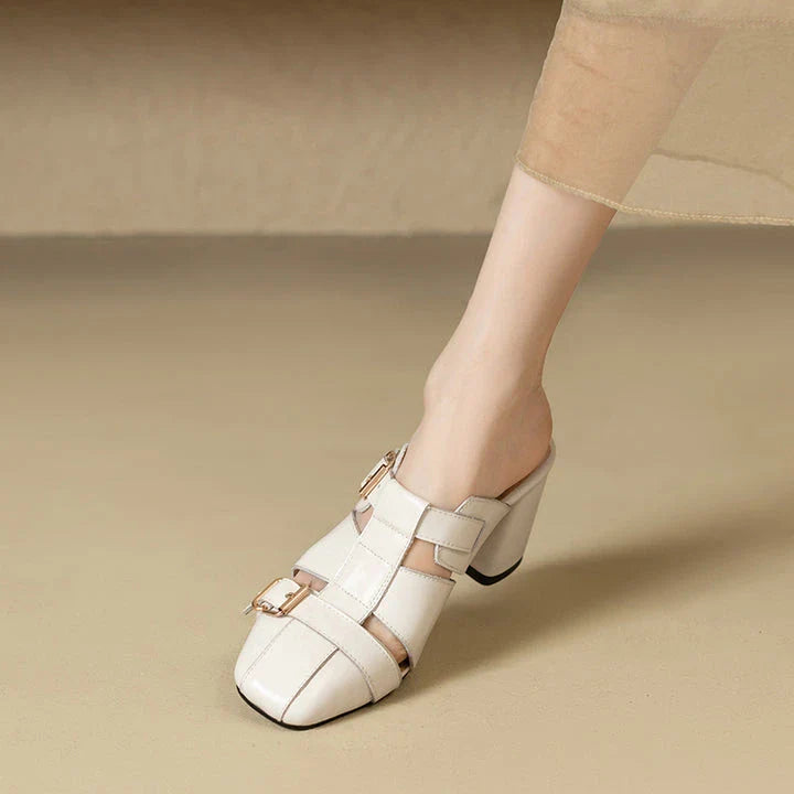 Exquisite embroidered leather high heel slippers in khaki colour, showcasing intricate detailing and a stable square heel design for stylish summer wear