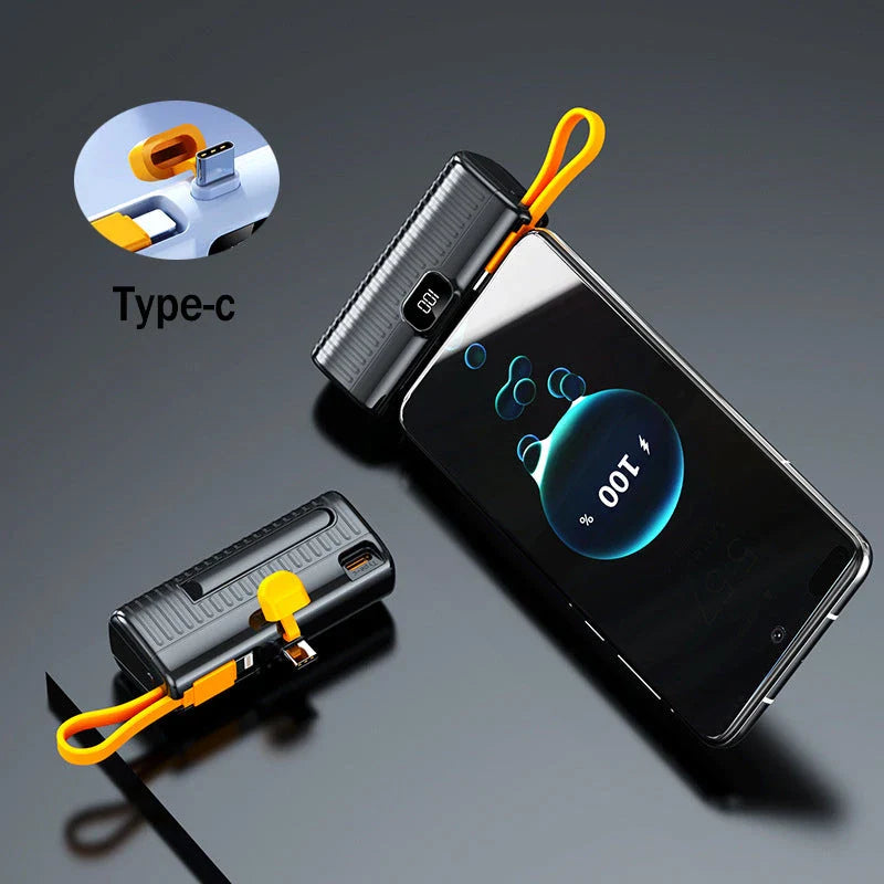 Compact, high-capacity power bank with dual charging ports and built-in cables for convenient, fast charging on the go