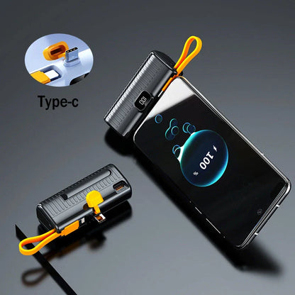 Compact, high-capacity power bank with dual charging ports and built-in cables for convenient, fast charging on the go