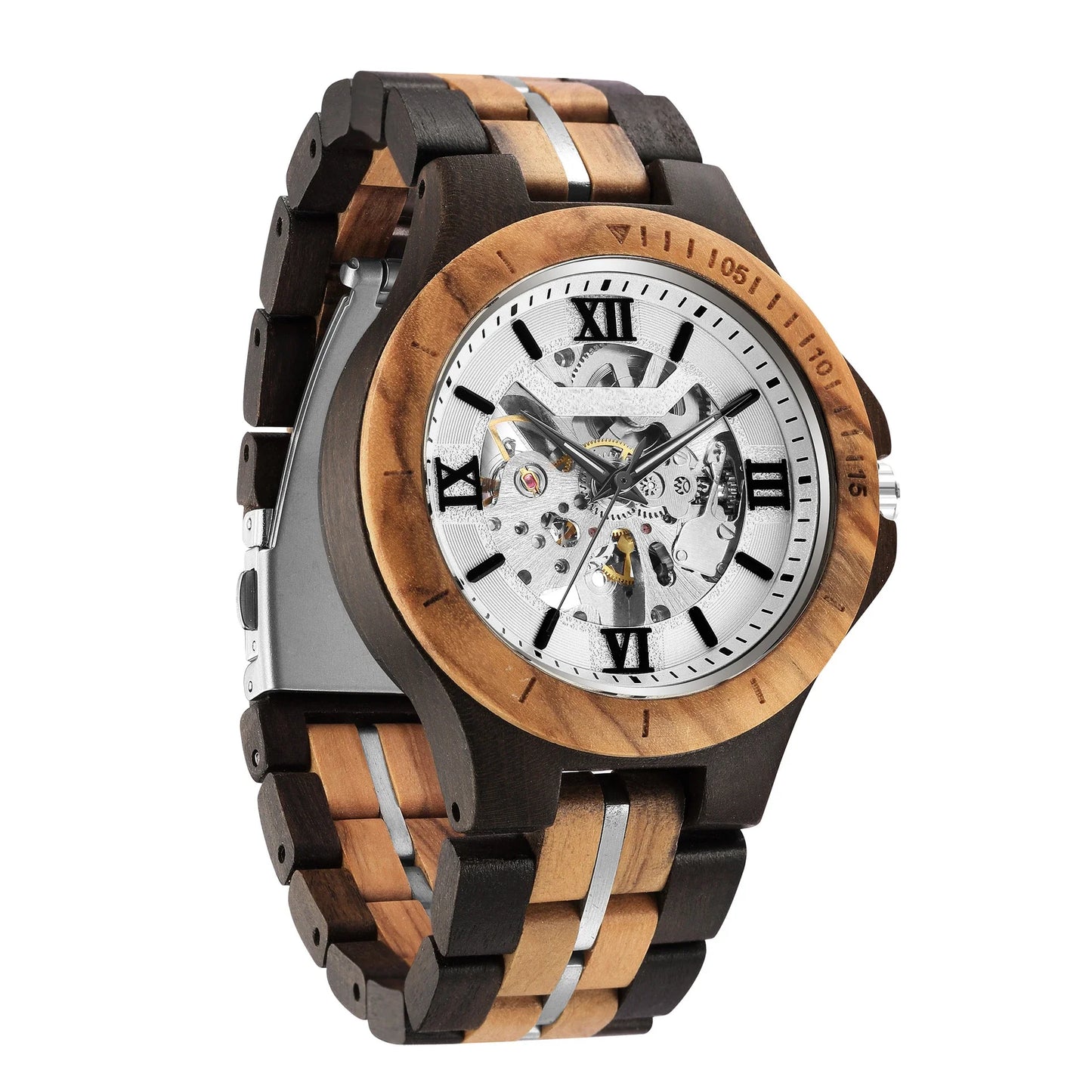 Premium handcrafted wooden automatic watch with intricate mechanical movement and natural wood strap