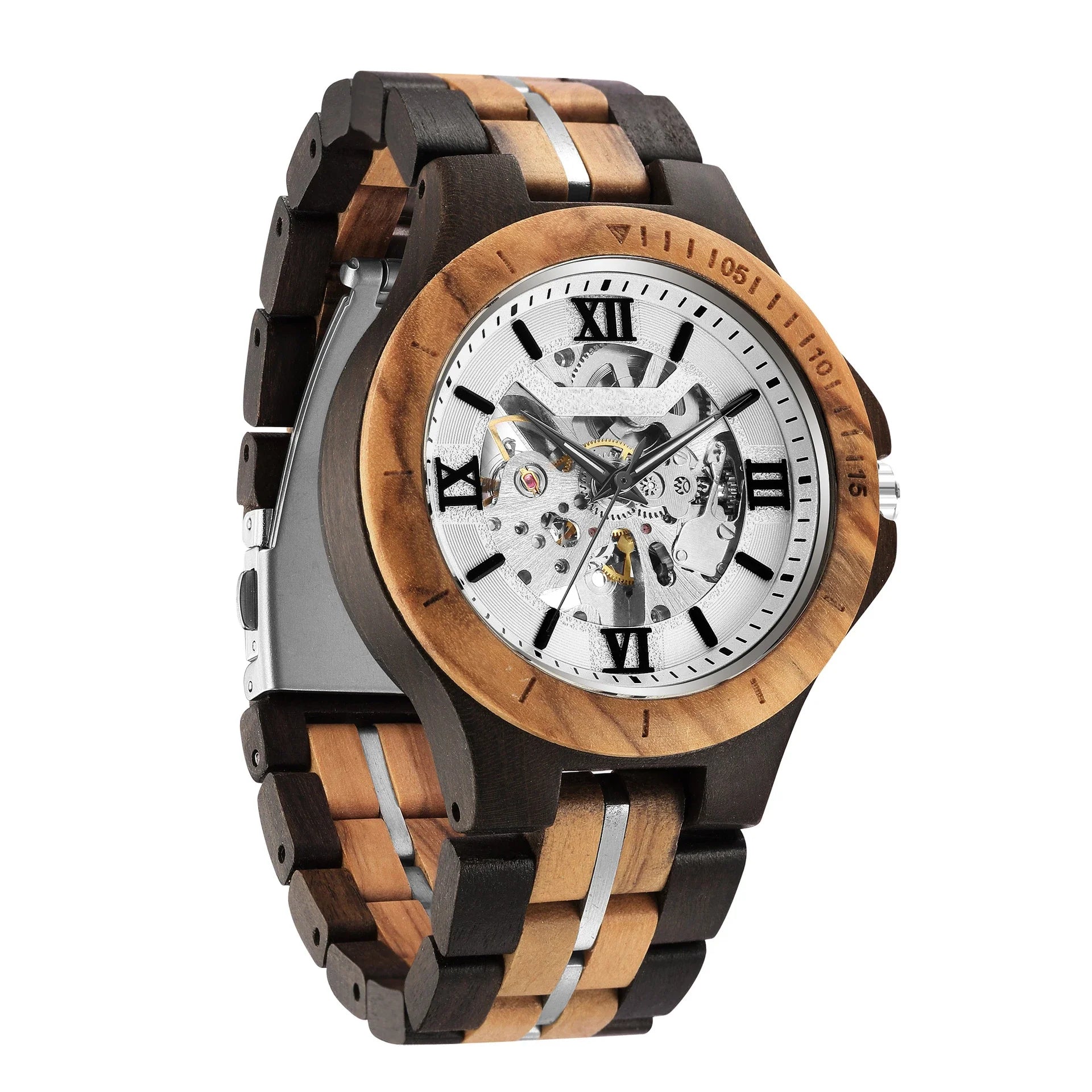 Premium handcrafted wooden automatic watch with intricate mechanical movement and natural wood strap