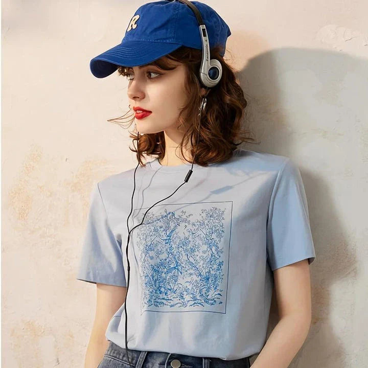 Casual round neck short sleeve women's t-shirt with natural scenery print in a comfortable, stretchy cotton-polyester blend