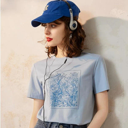 Casual round neck short sleeve women's t-shirt with natural scenery print in a comfortable, stretchy cotton-polyester blend