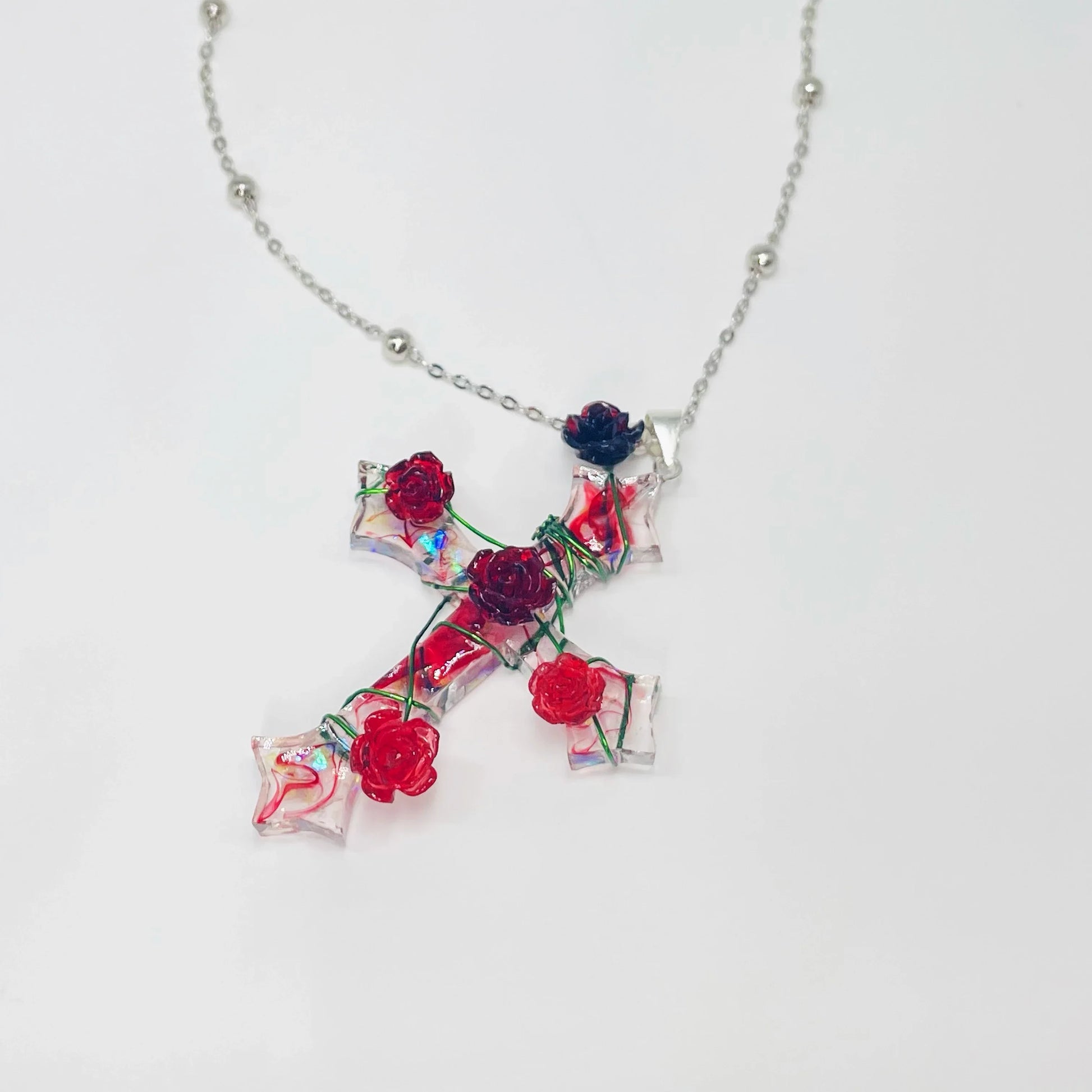 Miaoke Handmade S925 Sterling Silver Cross Necklace with Captivating Rose Pendant