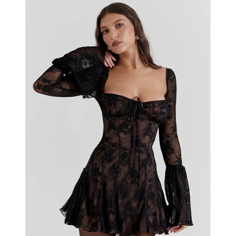 Chic lace flare sleeve mini dress with square neckline, a modern and sophisticated British-made fashion item