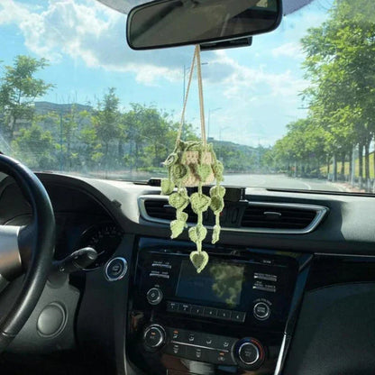 Charming knitted car plant decor with hanging white rope and green and white colour scheme
