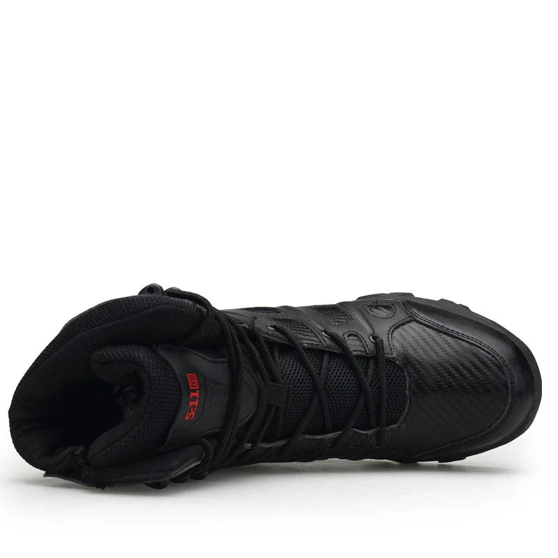 Rugged microfibre leather tactical boots with rubber soles, designed for outdoor adventures and self-defence training