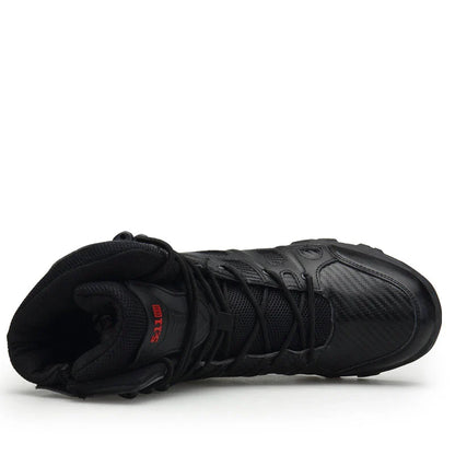Rugged microfibre leather tactical boots with rubber soles, designed for outdoor adventures and self-defence training
