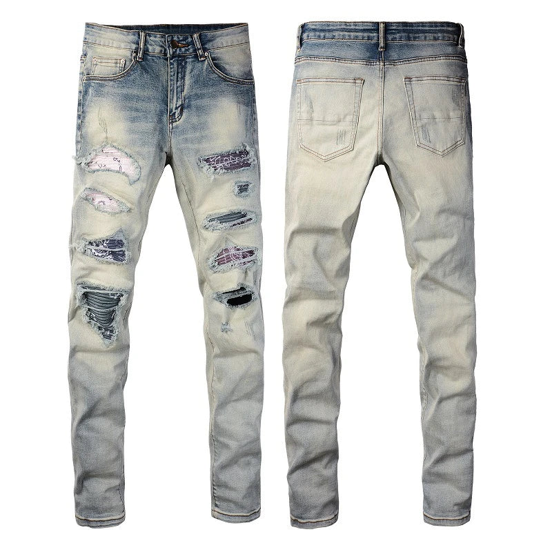 Stylish distressed denim jeans with a skinny, knee-exposed silhouette for a contemporary, high-street fashion look