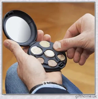 Compact and durable pocket coin dispenser with seven slots for organising Euros, Dollars and other coins