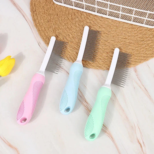 Premium pet grooming comb with dual-pronged stainless steel teeth for deep, gentle fur and debris removal